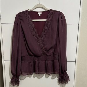 Self E Plum Lace-Trim Smocked Peplum Blouse